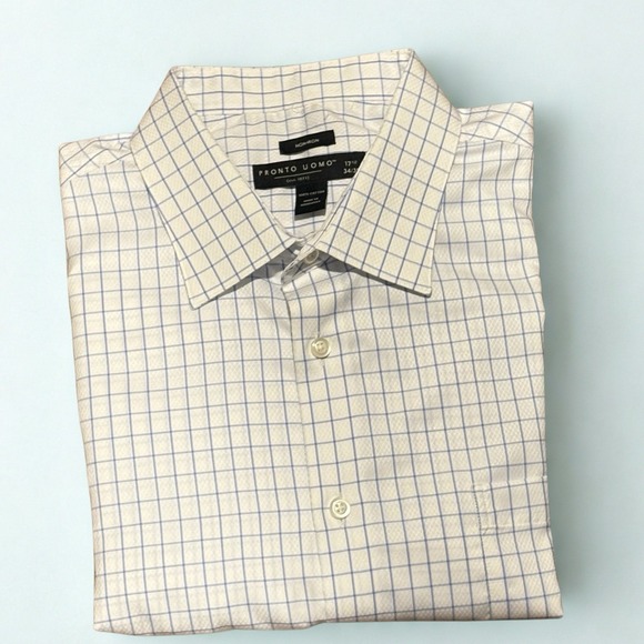 Pronto Uomo Non Iron Blue/ Check Long Sleeve Button Down Shirt-17 1/2 34/35 - Picture 6 of 6